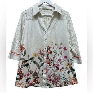 Soft Surroundings Off White Floral Button Shirt Eyelet Lace Boho Cottagecore